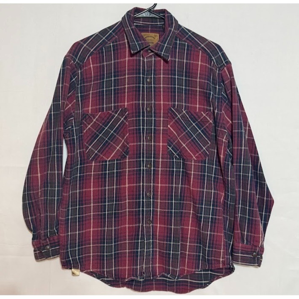 St Johns Bay Mens Heavyweight Flannel Shirt Burgundy Navy Plaid Cotton Medium